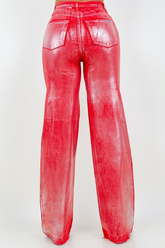 Metallic Wide Leg Jean in Red GJG Denim