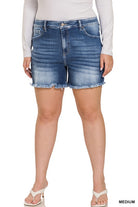 Plus Mid Rise Raw Frayed Hem Denim Shorts ZENANA