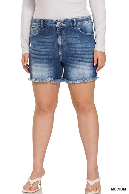 Plus Mid Rise Raw Frayed Hem Denim Shorts ZENANA