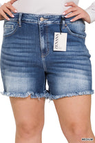 Plus Mid Rise Raw Frayed Hem Denim Shorts ZENANA