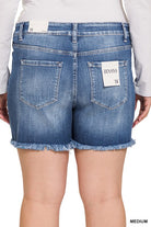 Plus Mid Rise Raw Frayed Hem Denim Shorts ZENANA