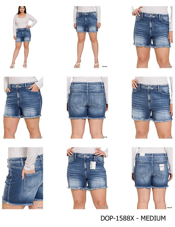 Plus Mid Rise Raw Frayed Hem Denim Shorts ZENANA