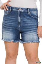 Plus Mid Rise Raw Frayed Hem Denim Shorts ZENANA