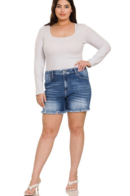 Plus Mid Rise Raw Frayed Hem Denim Shorts ZENANA