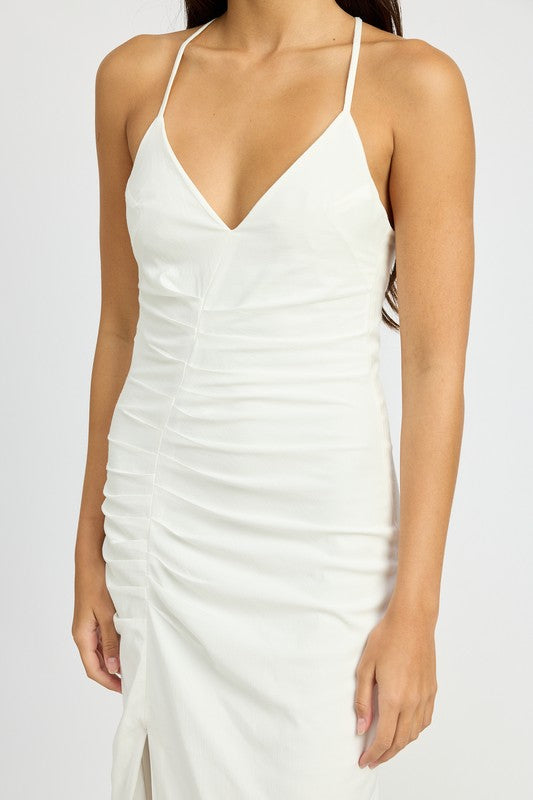 RUCHED SATIN DRESS WITH CROSSED BACK Emory Park