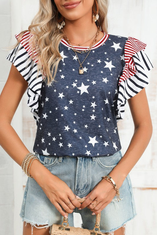 Flag Stripe Ruffle Sleeve Star Shirt USA EG fashion