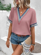 Full Size V-Neck Short Sleeve Blouse Trendsi