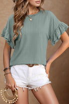 Round Neck Flounce Sleeve Blouse Trendsi