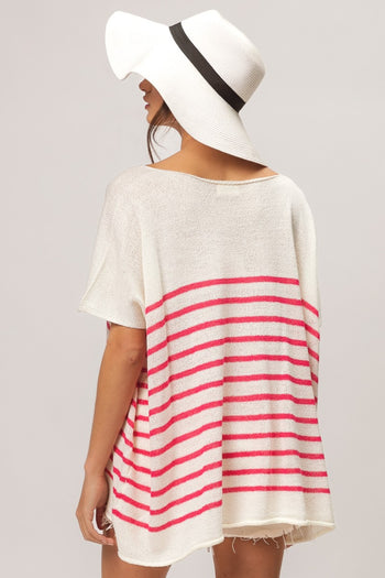 BiBi V Neck Striped Short Sleeve Top Trendsi