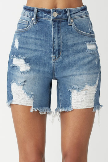 RISEN High Waisted Distressed Denim Shorts Trendsi