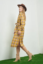 PLAID PRINT COLLAR LONG SHIRT DRESS Jade By Jane