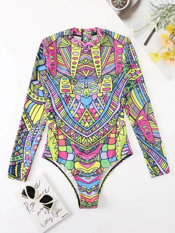 Mock Neck Long Sleeve One-Piece Swimwear Trendsi