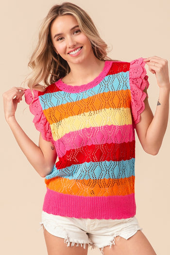 BiBi Pointelle Striped Ruffled Knit Top Trendsi