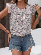 Ruffled Printed Round Neck Cap Sleeve Blouse Trendsi