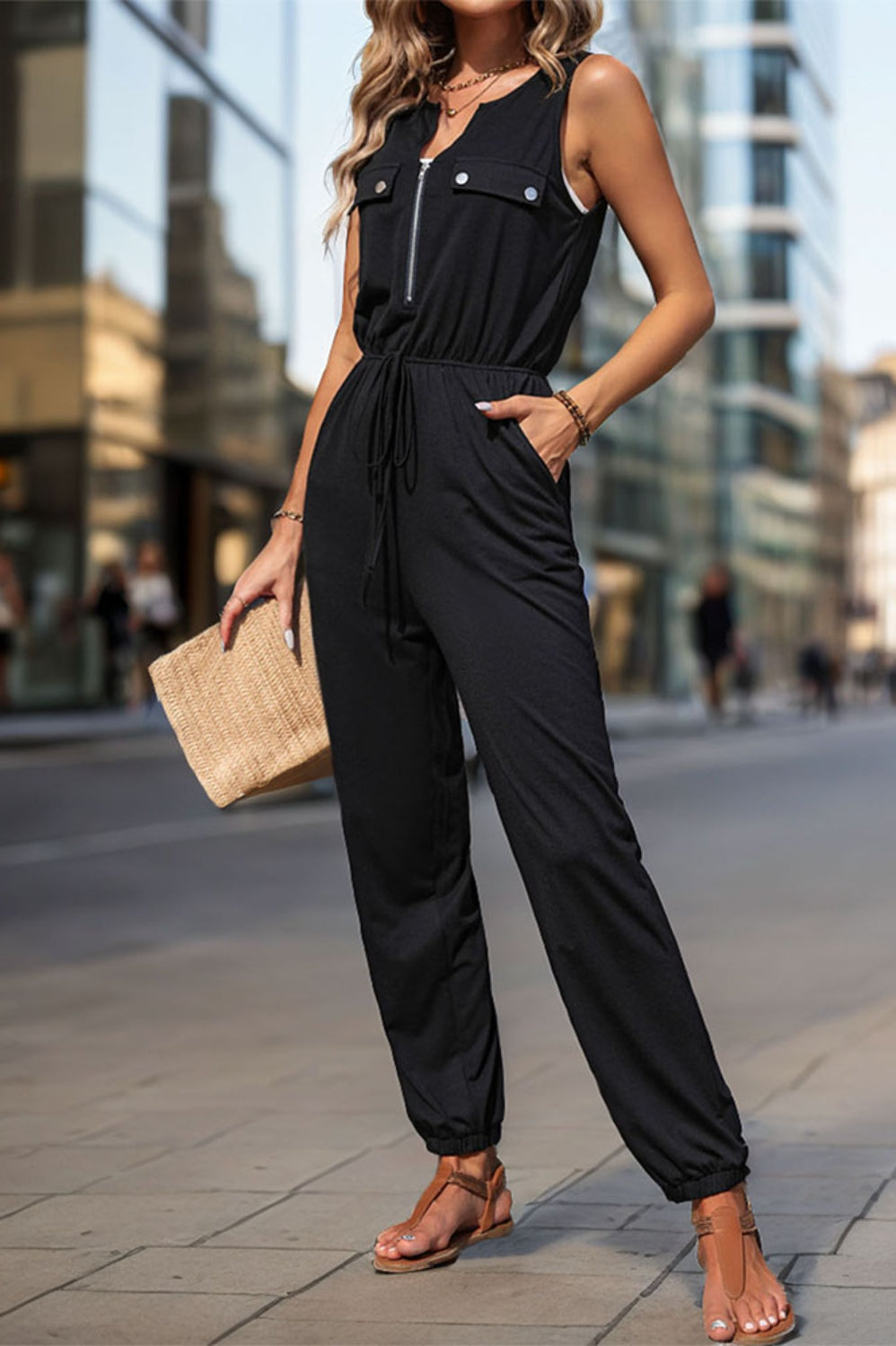 Half Zip Sleeveless Jumpsuit with Pockets Casual Chic Boutique