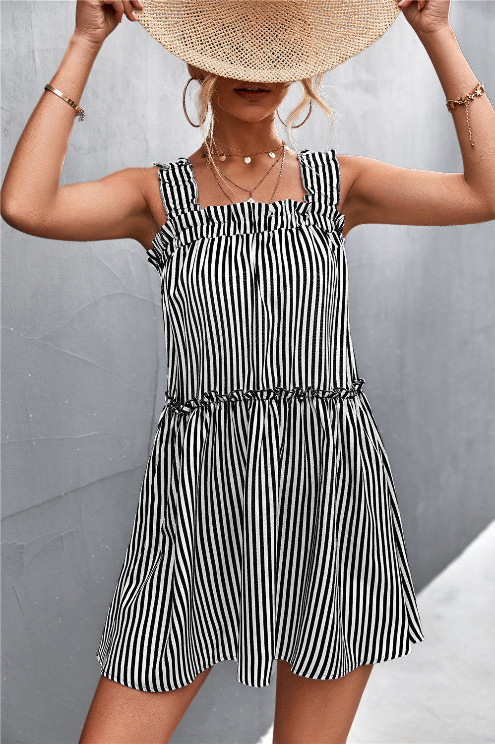 Striped Frill Trim Square Neck Dress Trendsi