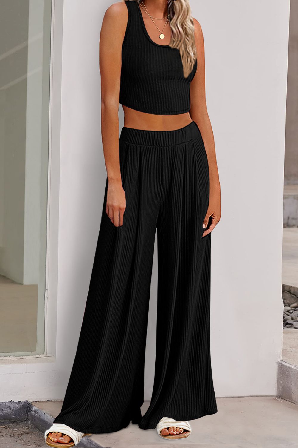 Scoop Neck Top and Wide Leg Pants Set Trendsi