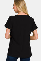 Zenana Notched Short Sleeve Waffle T-Shirt Trendsi