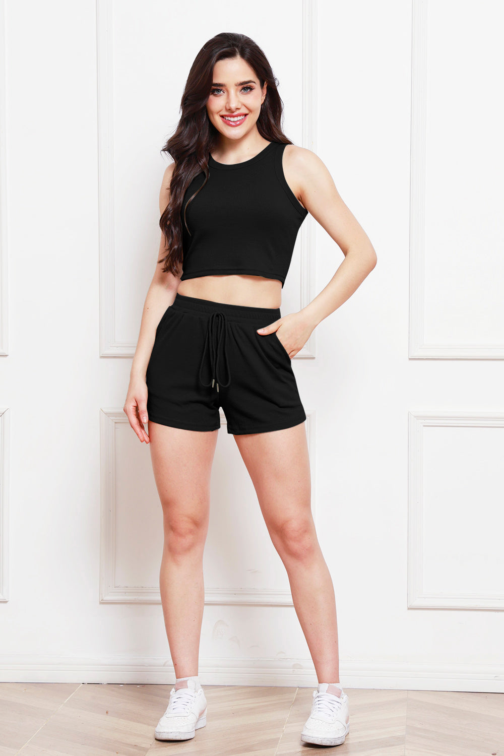 Round Neck Tank and Drawstring Shorts Set Casual Chic Boutique