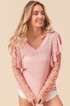 BiBi Ruffled Lace Sleeve Rib Knit Top Trendsi