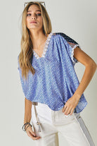 Printed Lace V-Neck Short Sleeve Loose Top Davi & Dani