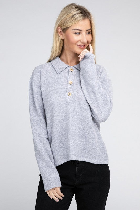 Brushed Melange Hacci Collared Sweater ZENANA