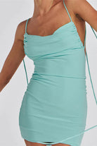 Sexy Ruched Drawstring Backless Cami Pencil Mini Dress (Blue) Penderié, Inc.