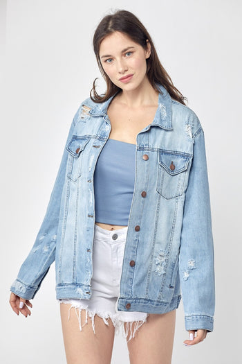 RISEN Full Size Distressed Long Sleeve Denim Jacket Trendsi