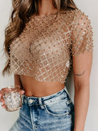 Sequin Bead Trim Round Neck Short Sleeve Blouse Trendsi