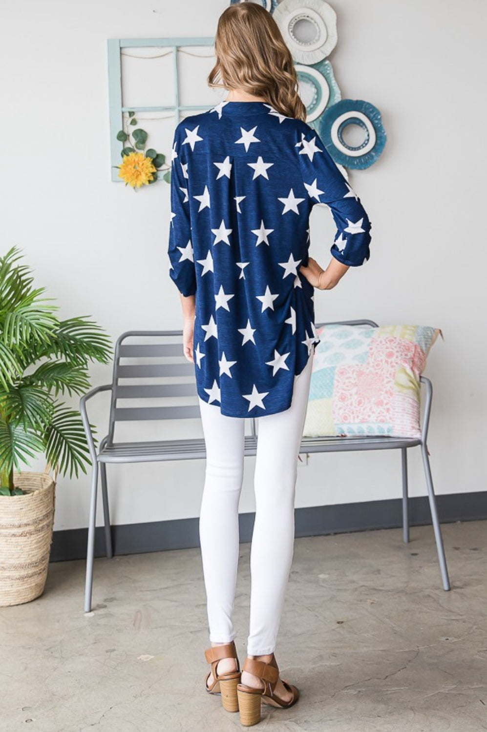Roll-Tab Sleeve Star Print Top Casual Chic Boutique