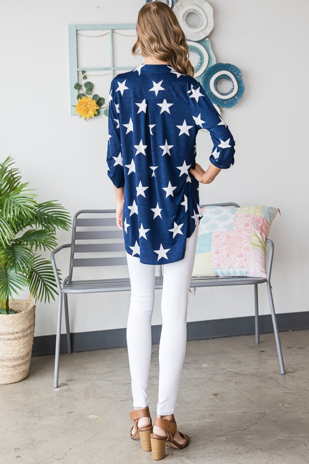 Roll-Tab Sleeve Star Print Top Casual Chic Boutique