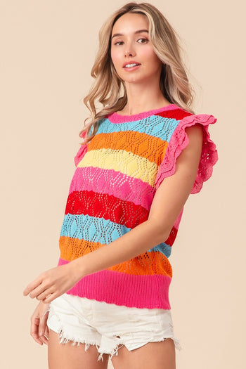 BiBi Pointelle Striped Ruffled Knit Top Trendsi