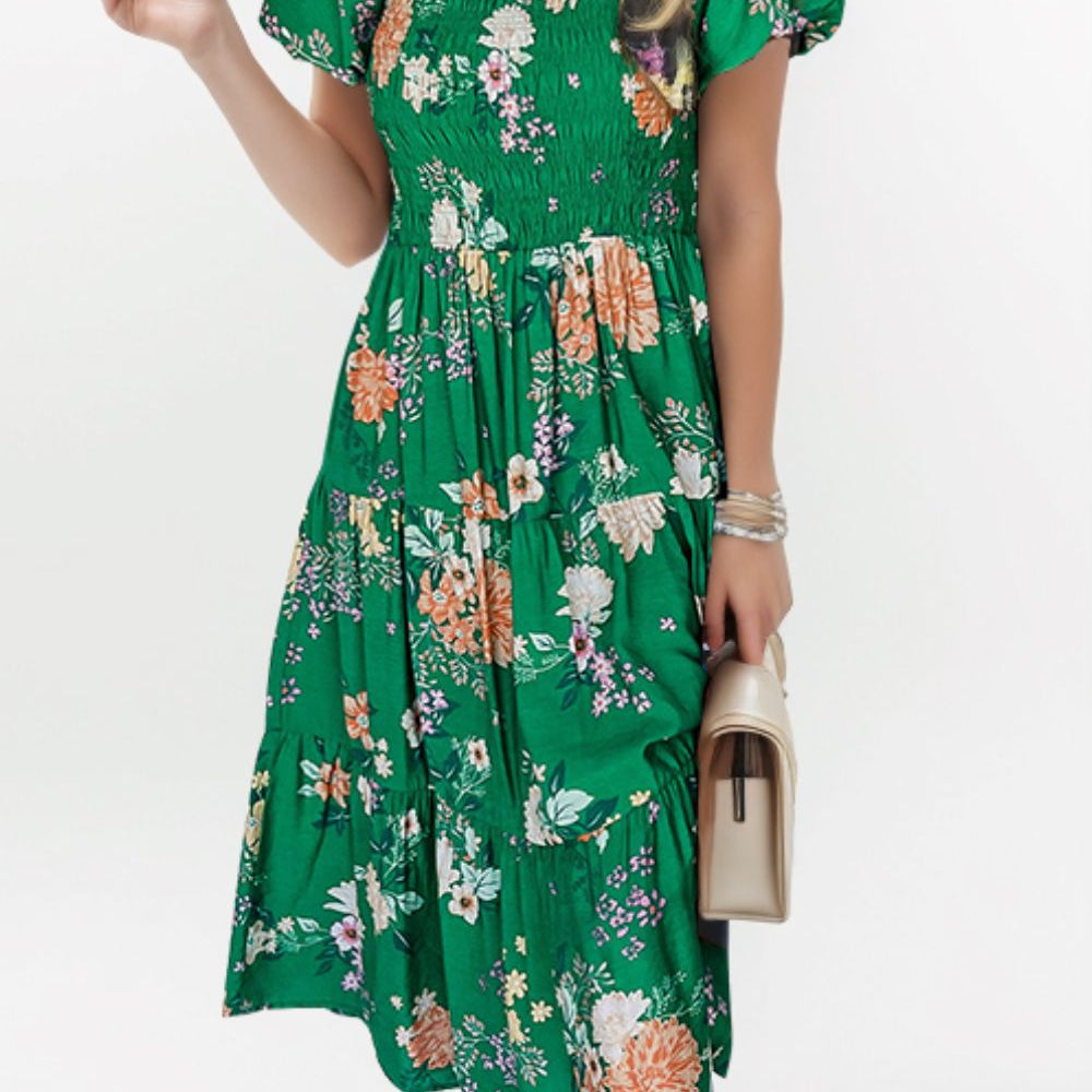 Smocked Printed Puff Sleeve Midi Dress Trendsi