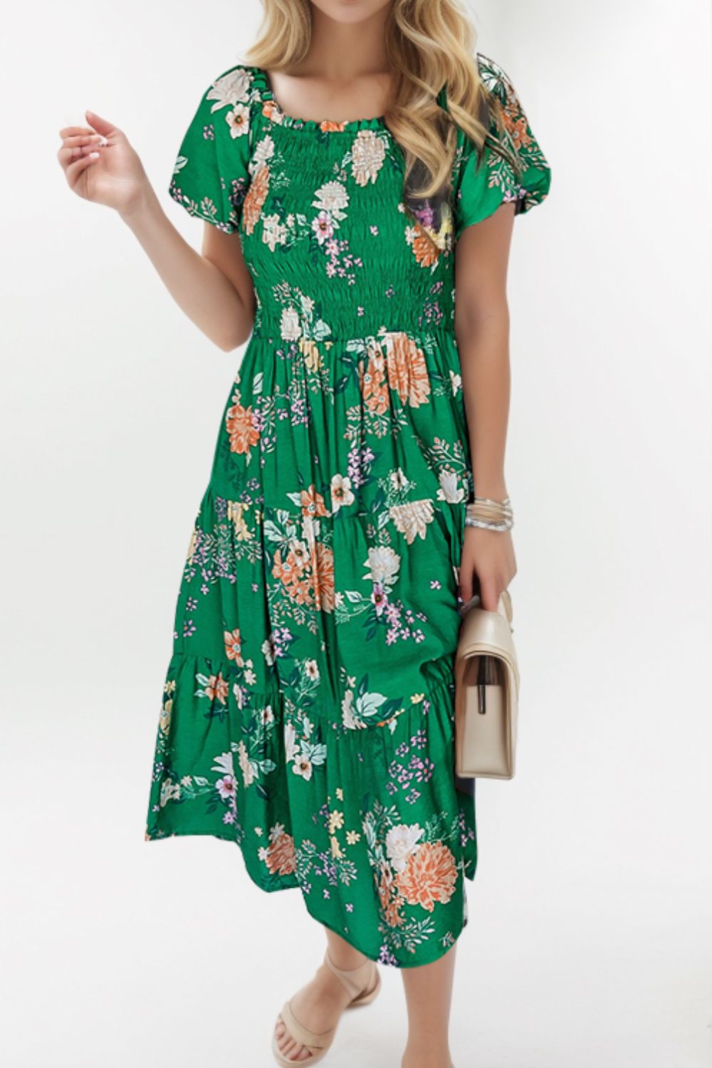 Smocked Printed Puff Sleeve Midi Dress Trendsi