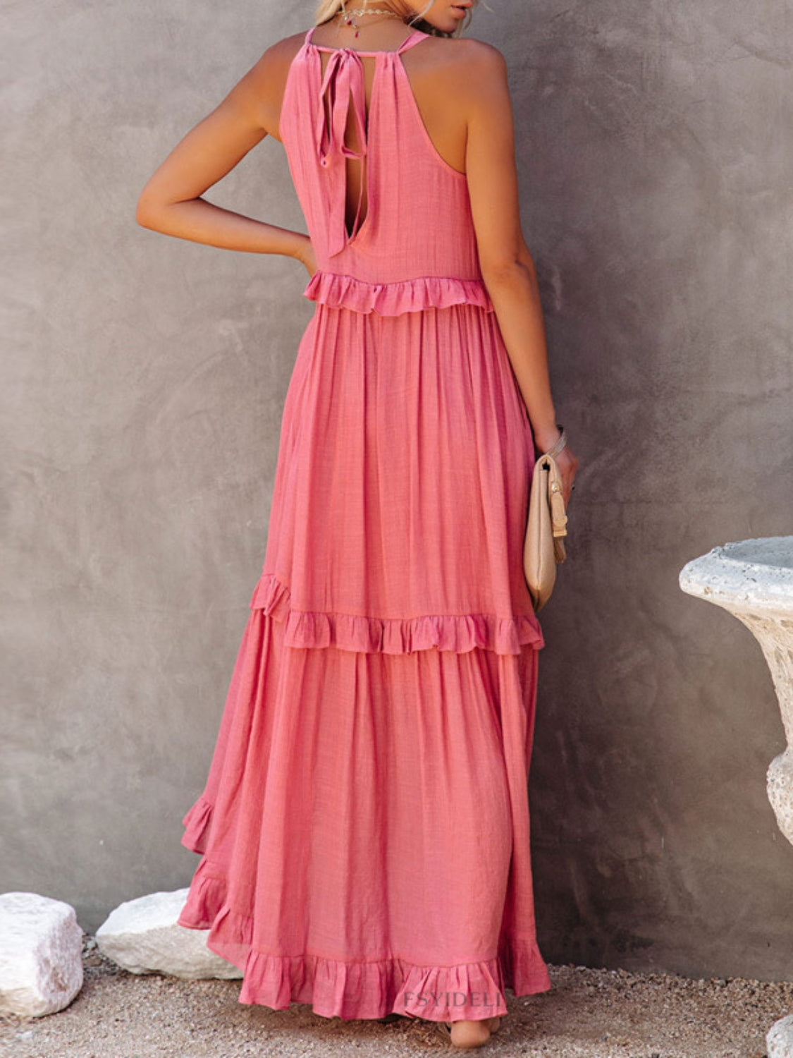 Ruffled Sleeveless Maxi Dress with Pockets Trendsi