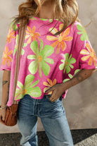 Flower Printed Boat Neck Half Sleeve T-Shirt Trendsi