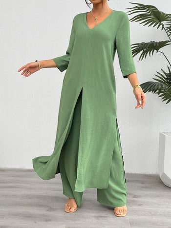 Women's Solid 2-PC Set Long Split Top Wide Leg Pant Suit H8ZF4E3S2Z Casual Chic Boutique