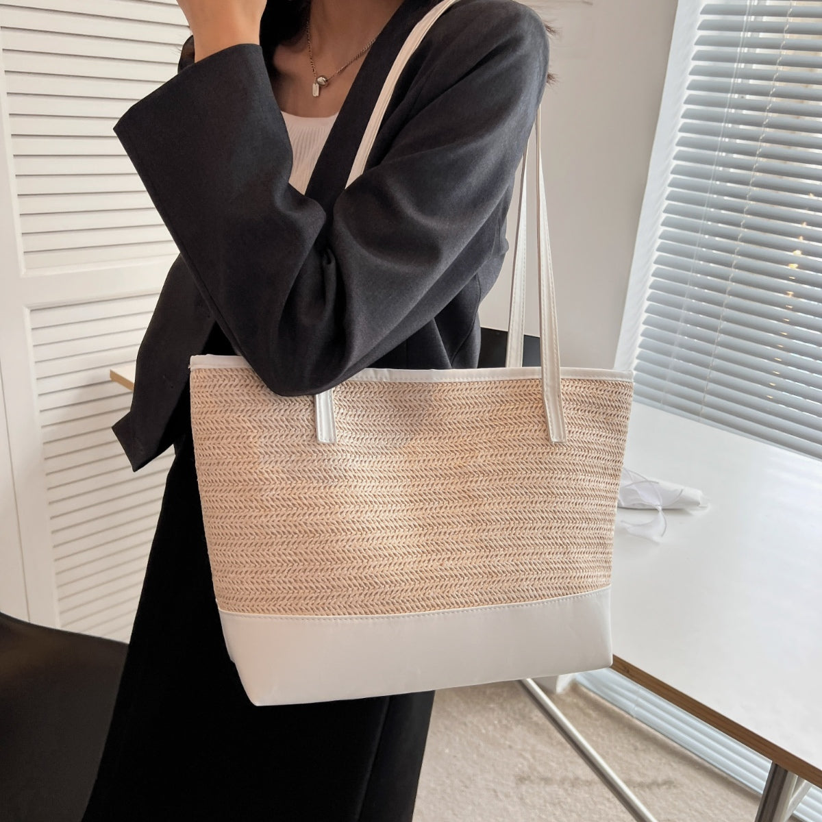 Straw Weave Leather Strap Tote Bag Trendsi