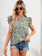 Ruffled Floral Notched Cap Sleeve Blouse Trendsi