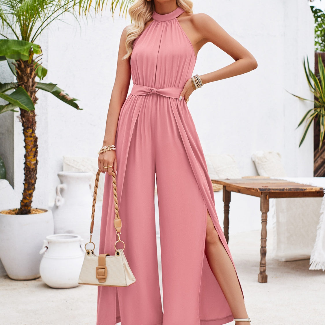 Ruched Slit Tied Sleeveless Jumpsuit