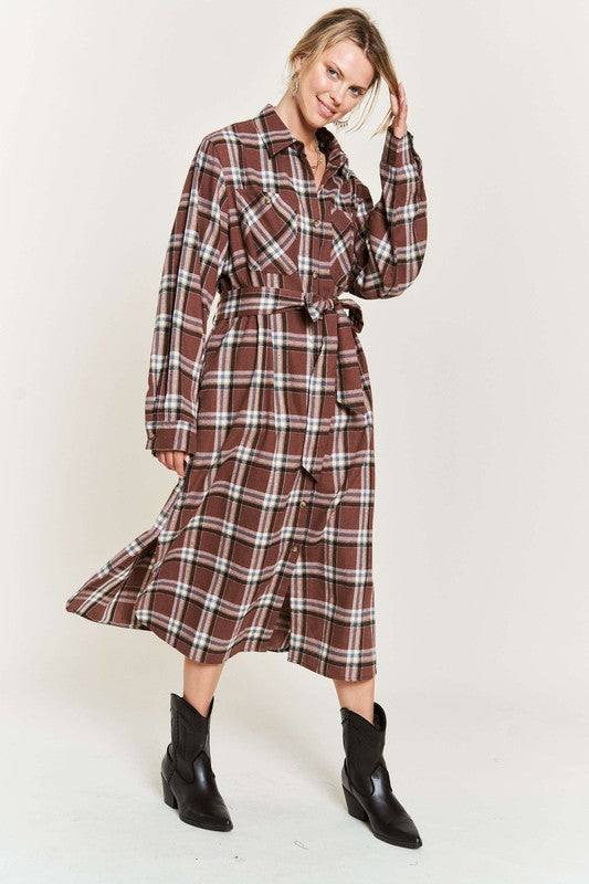 PLAID PRINT COLLAR LONG SHIRT DRESS PLUS Jade By Jane