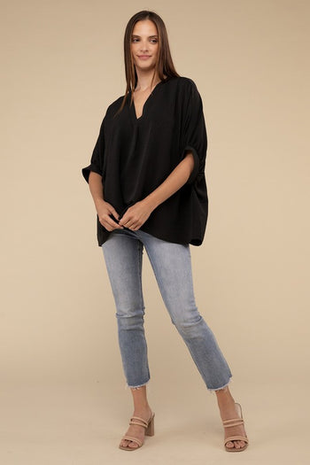 Woven Airflow V-Neck Puff Half Sleeve Top ZENANA