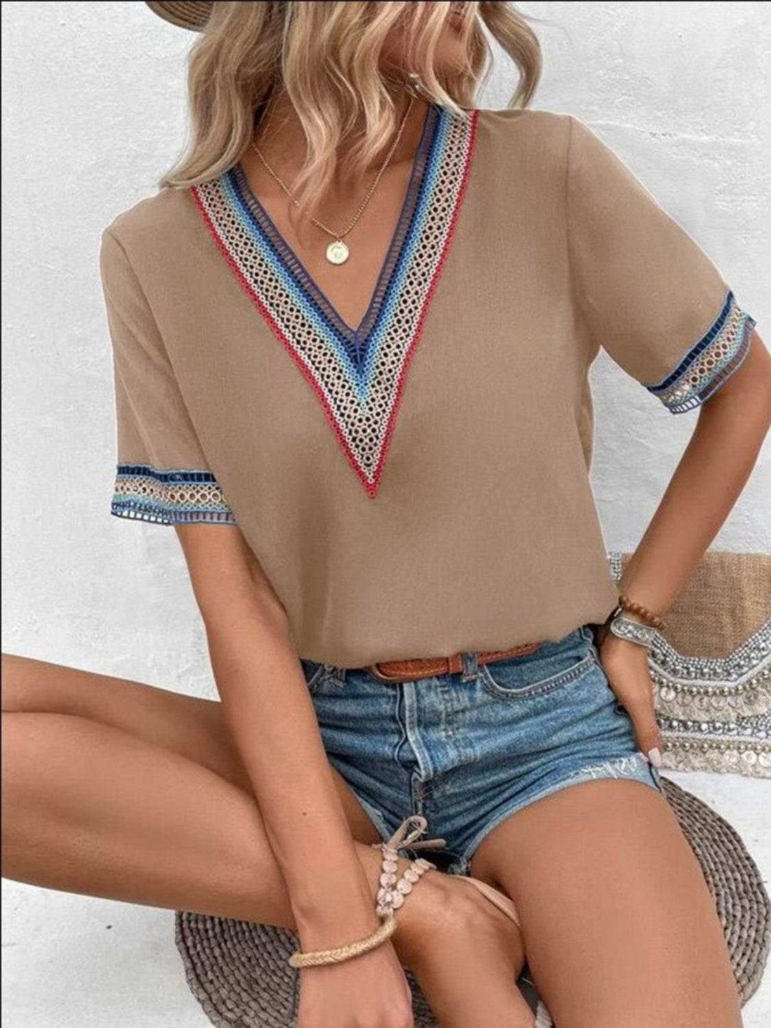 Full Size V-Neck Short Sleeve Blouse Trendsi