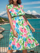 Ruffled Printed Surplice Cap Sleeve Dress Trendsi