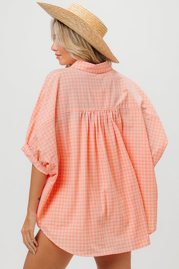 BiBi Plaid Button Up Dolman Sleeve Shirt Trendsi