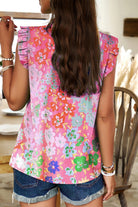 Ruffled Printed Mock Neck Cap Sleeve Blouse Trendsi