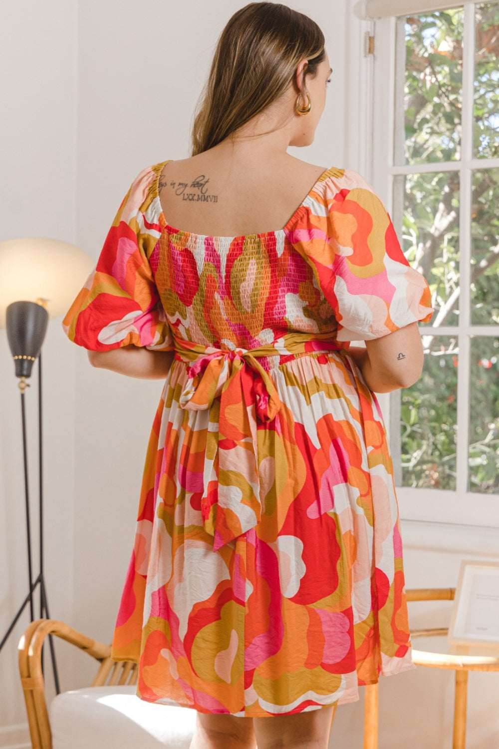ODDI Full Size Printed Tied Back Short Sleeve Mini Dress Trendsi