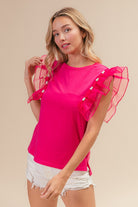 Pearl Decor Mesh Ruffle Sleeve Top Casual Chic Boutique