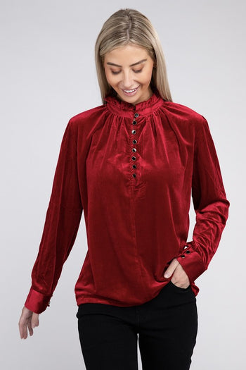 Frill Notched Neckline Velvet Blouse Nuvi Apparel