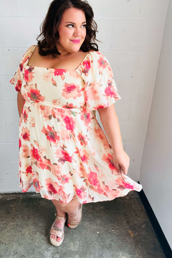 Peach Floral Chiffon Puff Sleeve Dress Haptics